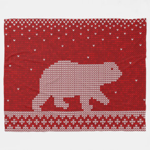 Polar Bear Red Background Knitted Style Pattern Fleece Blanket
