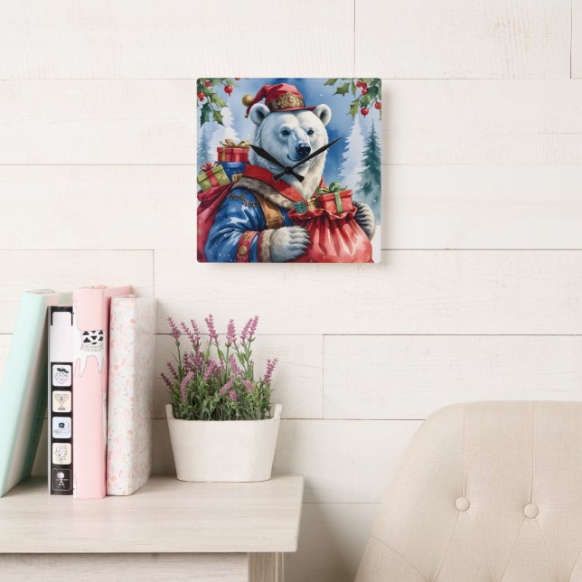 Polar Bear Santa Christmas Design Square Wall Clock (Reading Room)