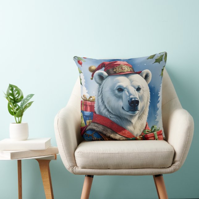 Polar Bear Santa Christmas Design Throw Pillow (Chair)