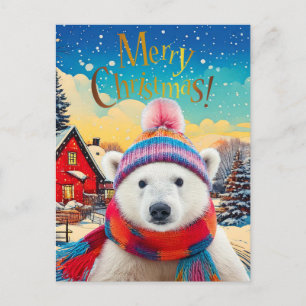 Polar Bear Santa hat and Scarf  Holiday Postcard