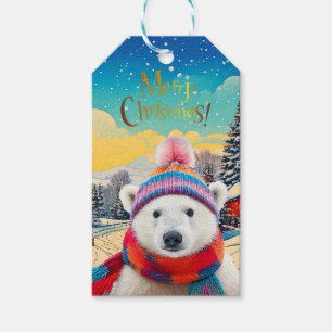 Polar Bear Santa hat and scarf Merry Christmas Gift Tags
