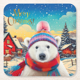 Polar Bear Santa hat and scarf Merry Christmas Square Paper Coaster