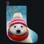 Polar Bear Santa hat and Scarf  Small Christmas Stocking<br><div class="desc">A Polar Bear wearing a Santa hat and scarf with falling snow.  Merry Christmas greeting.</div>
