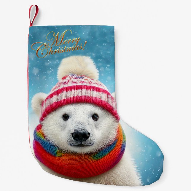 Polar Bear Santa hat and Scarf  Small Christmas Stocking (Front)