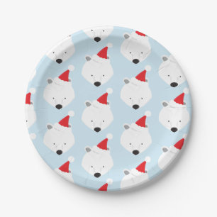 Polar Bear Santa Hat Animal Christmas Paper Plate