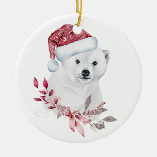 Polar bear Santa hat Merry Christmas cute Ceramic Ornament (Front)