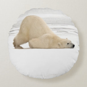 Polar bear scratching itself on frozen tundra round pillow