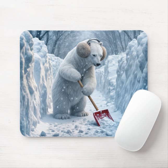 Polar Bear Shoveling Snow Mouse Pad (With Mouse)