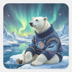 Polar Bear Sitting Under Northern Lights Square Sticker