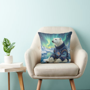 Polar Bear Sitting Under Northern Lights Throw Pillow
