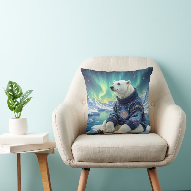 Polar Bear Sitting Under Northern Lights Throw Pillow (Chair)