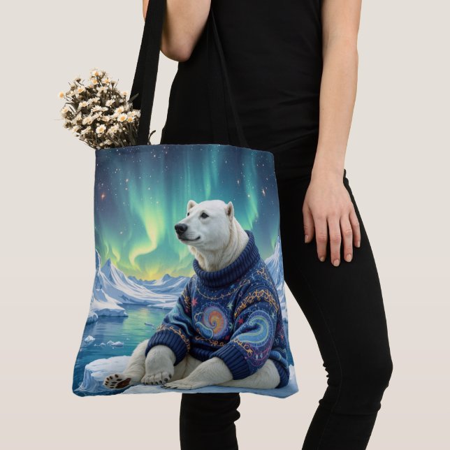 Polar Bear Sitting Under Northern Lights Tote Bag (Close Up)