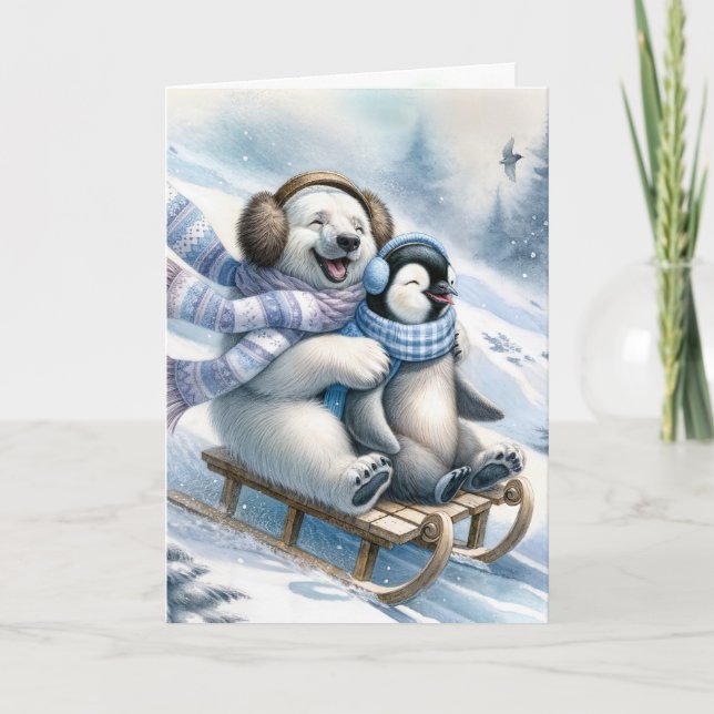 Polar Bear Sledding With a Penguin Holiday Card (Front)