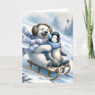 Polar Bear Sledding With a Penguin Holiday Card