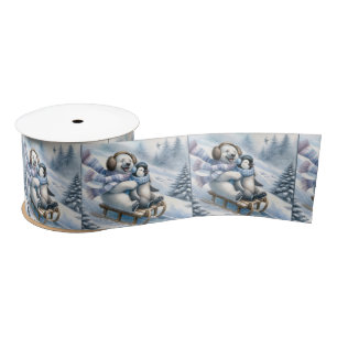Polar Bear Sledding With a Penguin Satin Ribbon