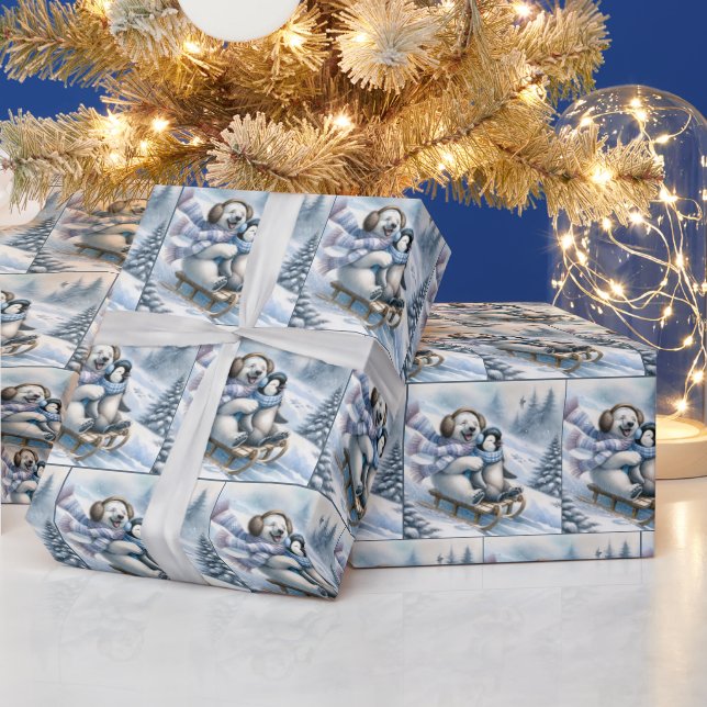 Polar Bear Sledding With a Penguin Wrapping Paper (Holidays)