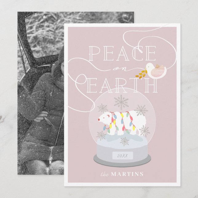 Polar Bear Snow Globe Pink Christmas Photo Invitation (Front/Back)