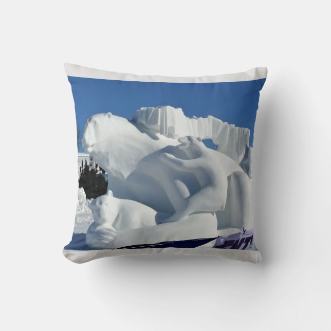 Polar Bear Snow Sculpture, Quebec, Canada Throw Pillow (Front)