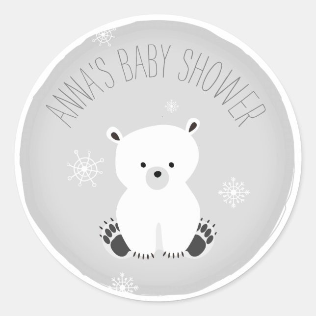 Polar Bear Snowflake Neutral Grey Baby Shower Classic Round Sticker (Front)