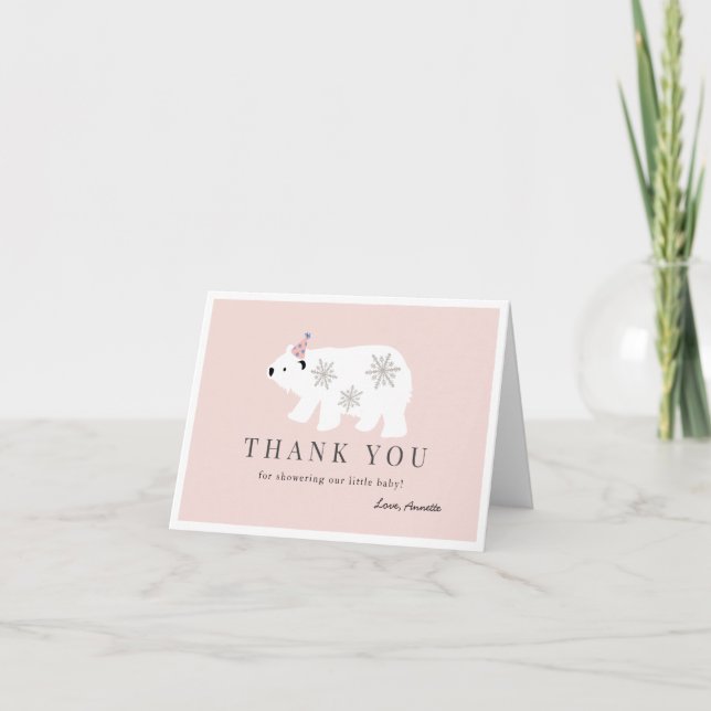 Polar Bear Snowflake Pink Baby Shower Thank You Card (Front)