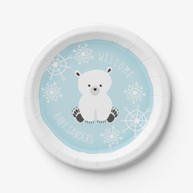 Polar Bear Snowflake Winter Blue Boy Baby Shower Paper Plate (Front)