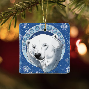 Polar Bear Snowflakes Art Nouveau Ceramic Ornament