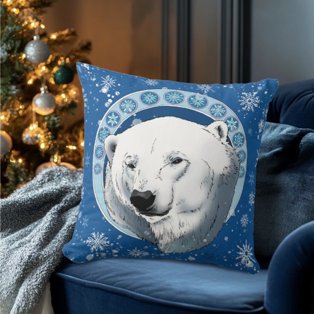 Polar Bear Snowflakes Art Nouveau Throw Pillow (Creator Uploaded)