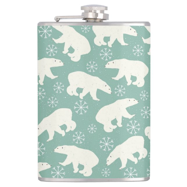 Polar Bear Snowflakes Blue White Winter Pattern Hip Flask (Front)