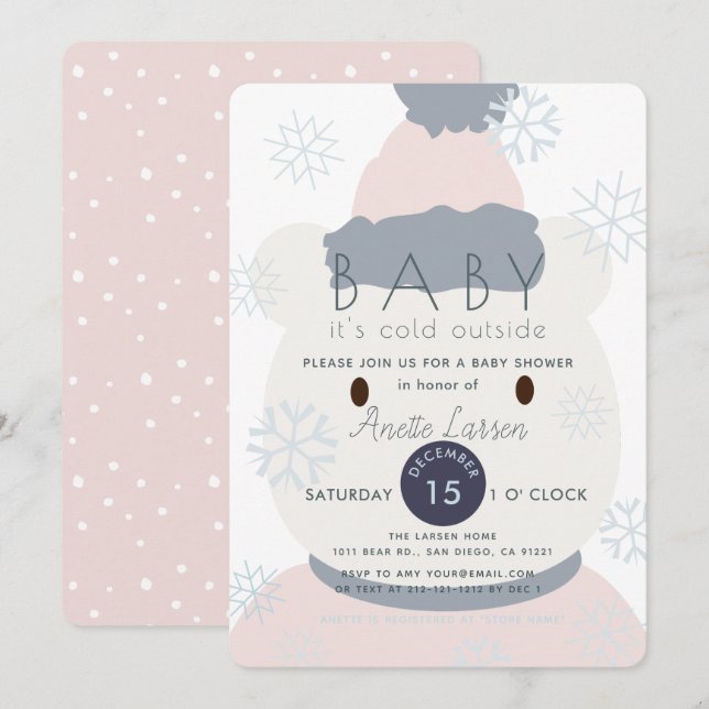 Polar Bear Snowflakes GIrl Baby Shower Invitation (Front/Back)