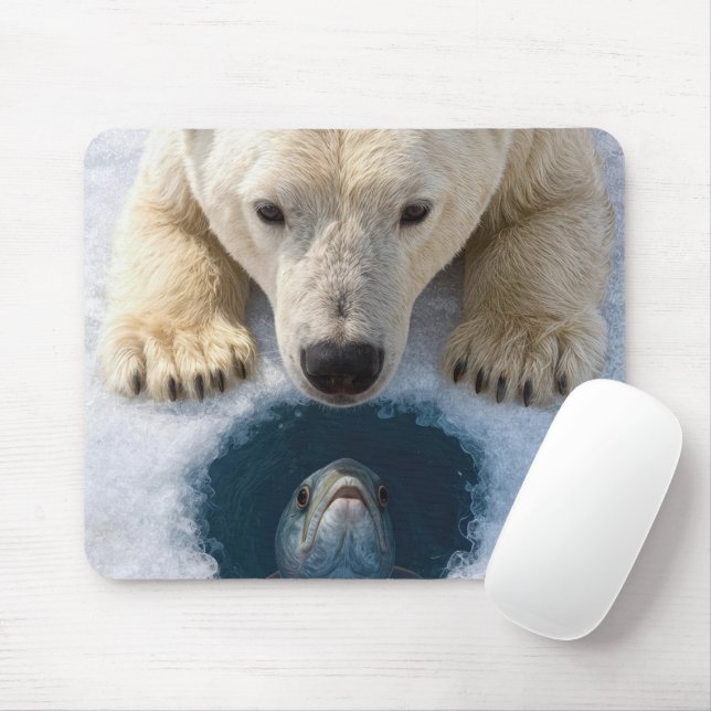 Polar Bear Staring at Fish Mouse Pad (With Mouse)