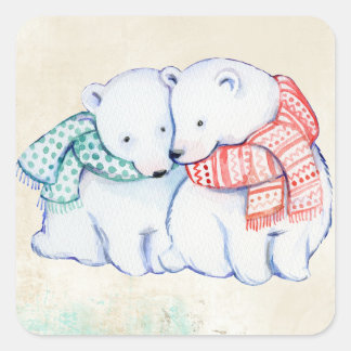 POLAR BEAR STICKERS. CUTE POLAR BEARS HUGGING SQUARE STICKER