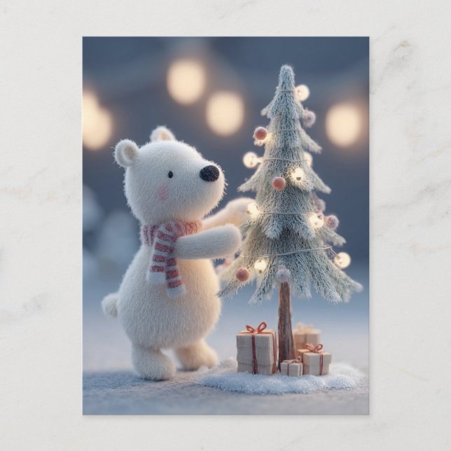 Polar Bear Toy Decorating a Christmas Tree Postcard (Front)