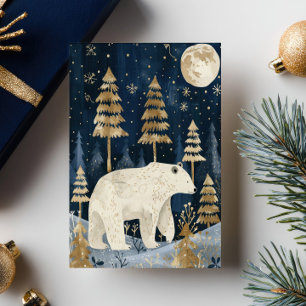 Polar Bear Under The Moon Watercolor Woodland Xmas Postcard