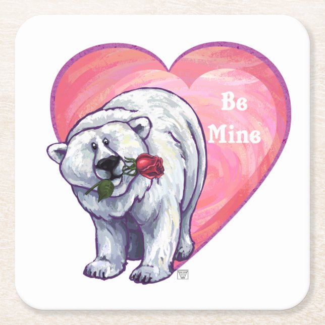 Polar Bear Valentine's Day Square Paper Coaster (Front)