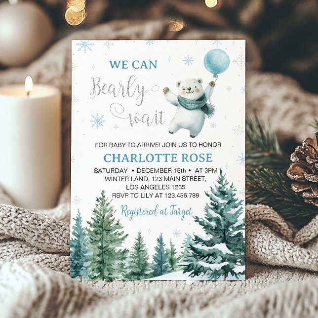 Polar Bear We Can Bearly Wait Winter Baby Shower Invitation (Creator Uploaded)