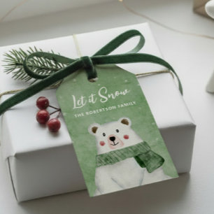Polar Bear Wearing Green Scarf Let it Snow Holiday Gift Tags