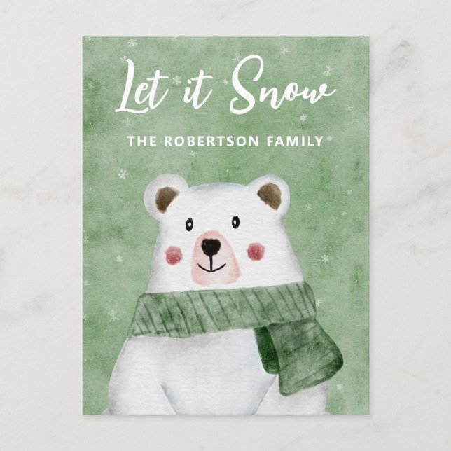 Polar Bear Wearing Green Scarf Let it Snow Holiday Postcard (Front)