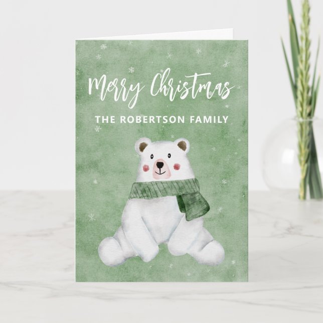 Polar Bear Wearing Green Scarf Merry Christmas Holiday Card (Front)
