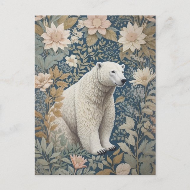 Polar Bear William Morris Inspired Floral Postcard (Front)