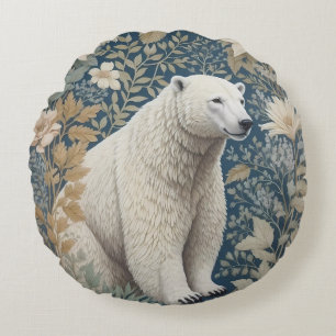 Polar Bear William Morris Inspired Floral Round Pillow