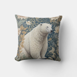 Polar Bear William Morris Inspired Floral Throw Pillow
