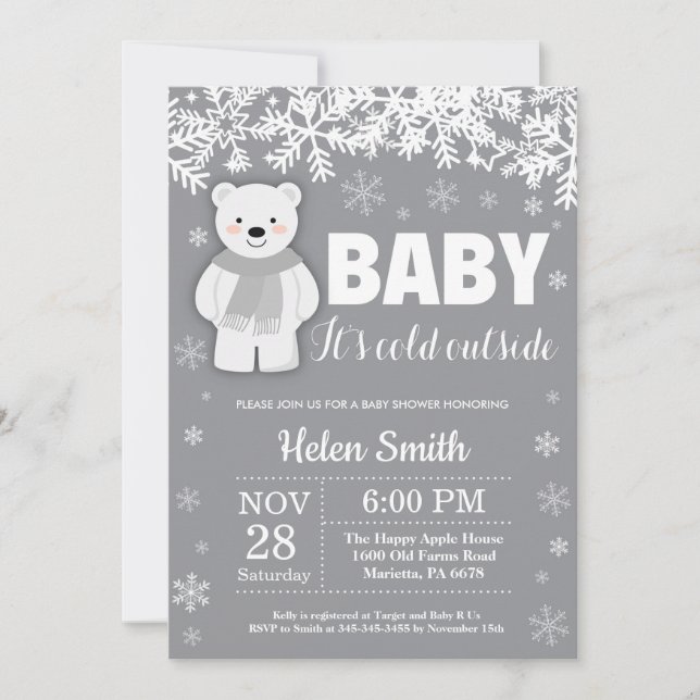 Polar Bear Winter Baby Shower Snowflake Invitation (Front)