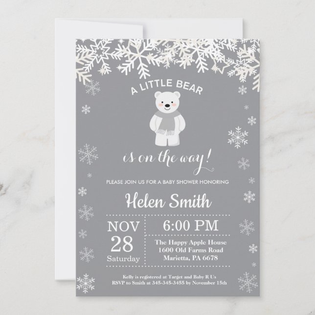 Polar Bear Winter Baby Shower Snowflake Invitation (Front)