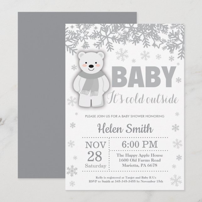 Polar Bear Winter Baby Shower Snowflake Invitation (Front/Back)