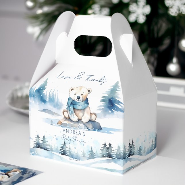 Polar bear winter bearly wait baby shower favor box (Polar bear winter bearly wait baby shower favor box cute teddy bear with a scarf blue pines baby boy)