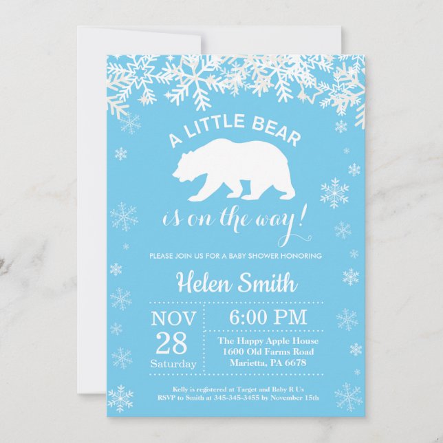 Polar Bear Winter Blue Boy Baby Shower Snowflake Invitation (Front)