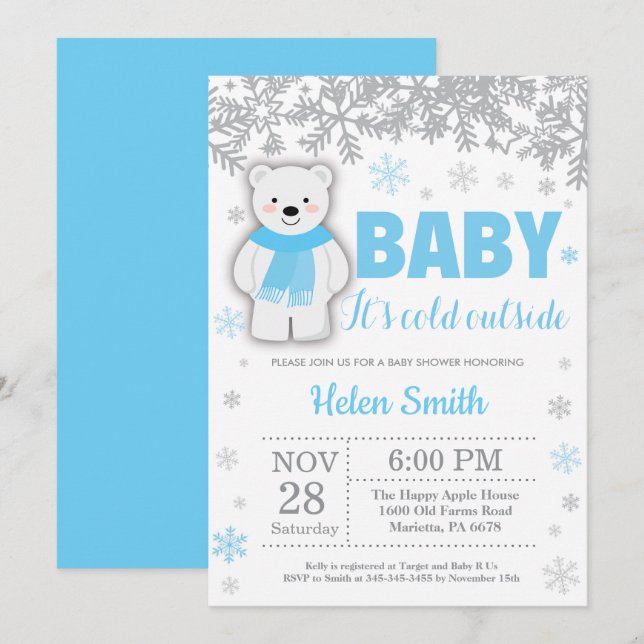 Polar Bear Winter Blue Boy Baby Shower Snowflake Invitation (Front/Back)