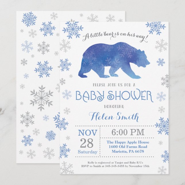 Polar Bear Winter Blue Boy Baby Shower Snowflake Invitation (Front/Back)
