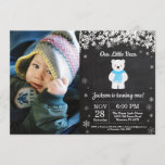 Polar Bear Winter Boy Birthday Photo Invitation<br><div class="desc">Polar Bear Winter Boy Birthday Invitation with custom photo. White Snowflake. Boy Birthday Party Invitation. Winter Holiday Bday. 1st First Birthday. 1st 2nd 3rd 4th 5th 6th 7th 8th 9th 10th 11th 12th 13th 14th 15th, any age. Chalkboard Background. Black and White. For further customization, please click the "Customize it"...</div>