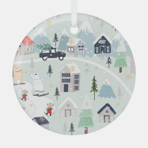 Polar bear winter landscape, Christmas background. Glass Ornament